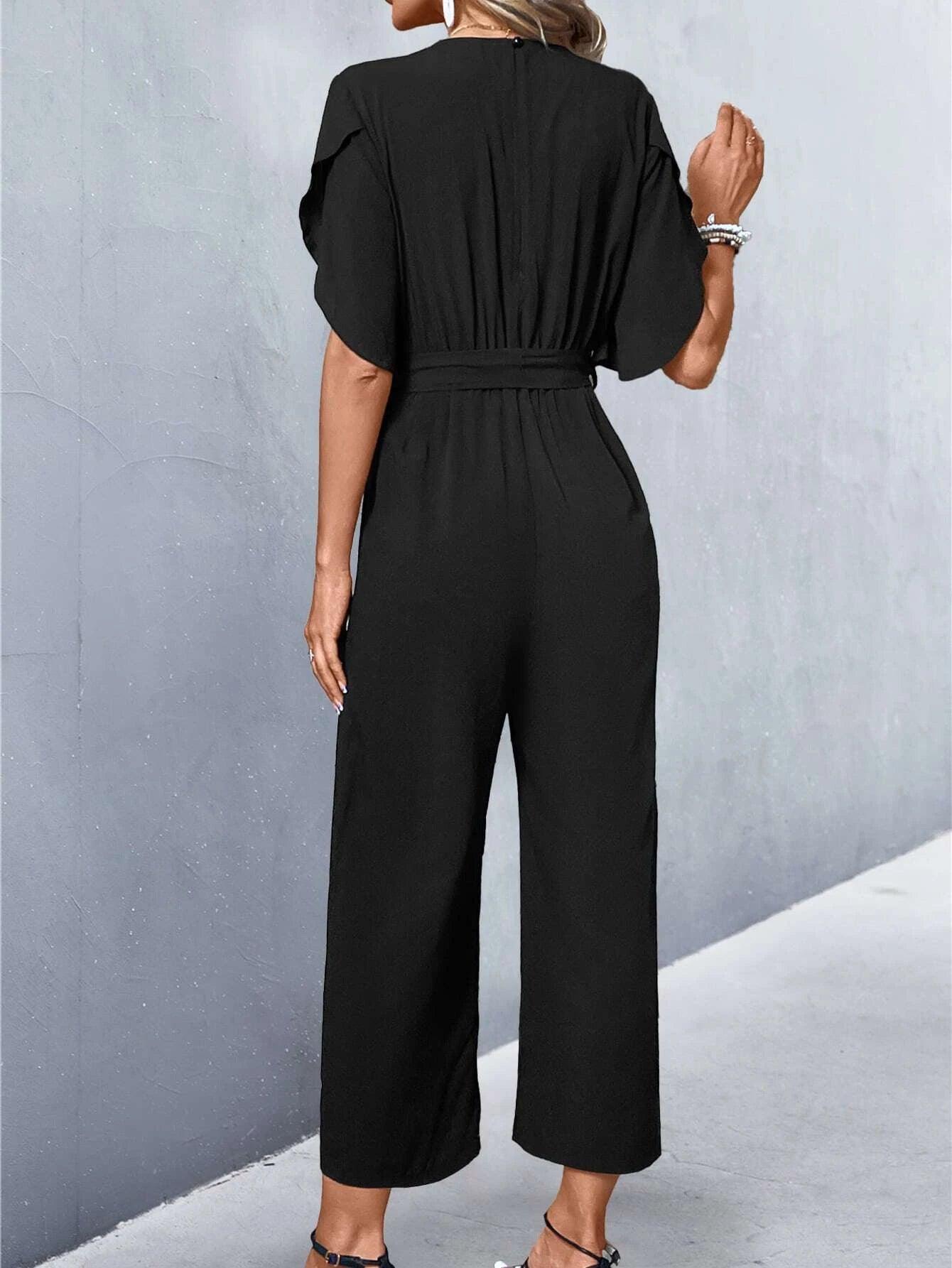 Lace Panel Petal Sleeve Belted Jumpsuit-Comfy Jumpsuits