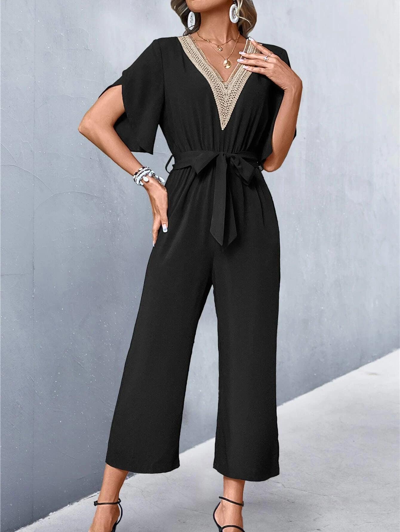 Lace Panel Petal Sleeve Belted Jumpsuit-Comfy Jumpsuits