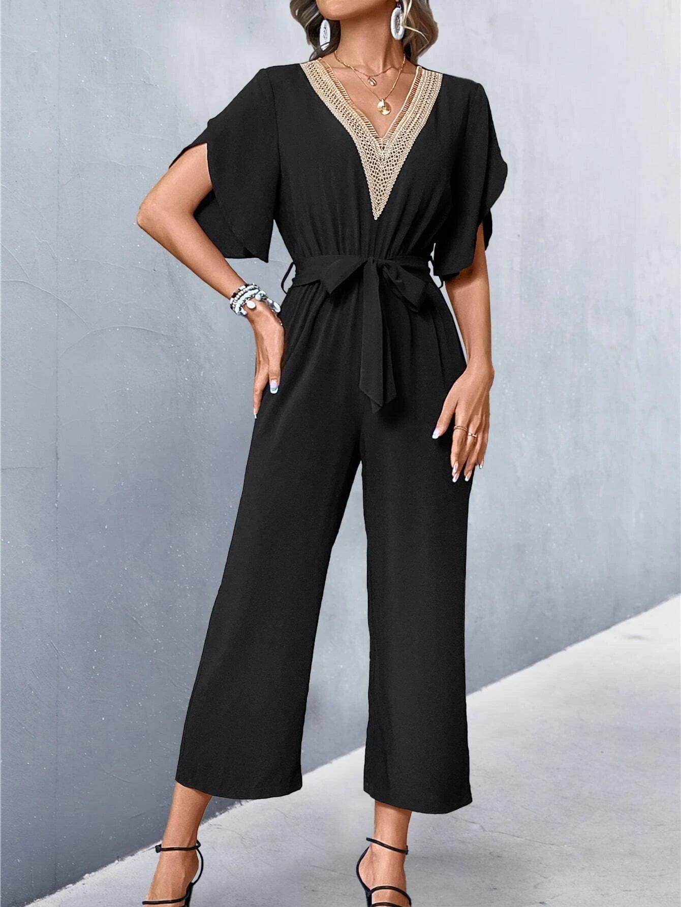 Lace Panel Petal Sleeve Belted Jumpsuit-Comfy Jumpsuits