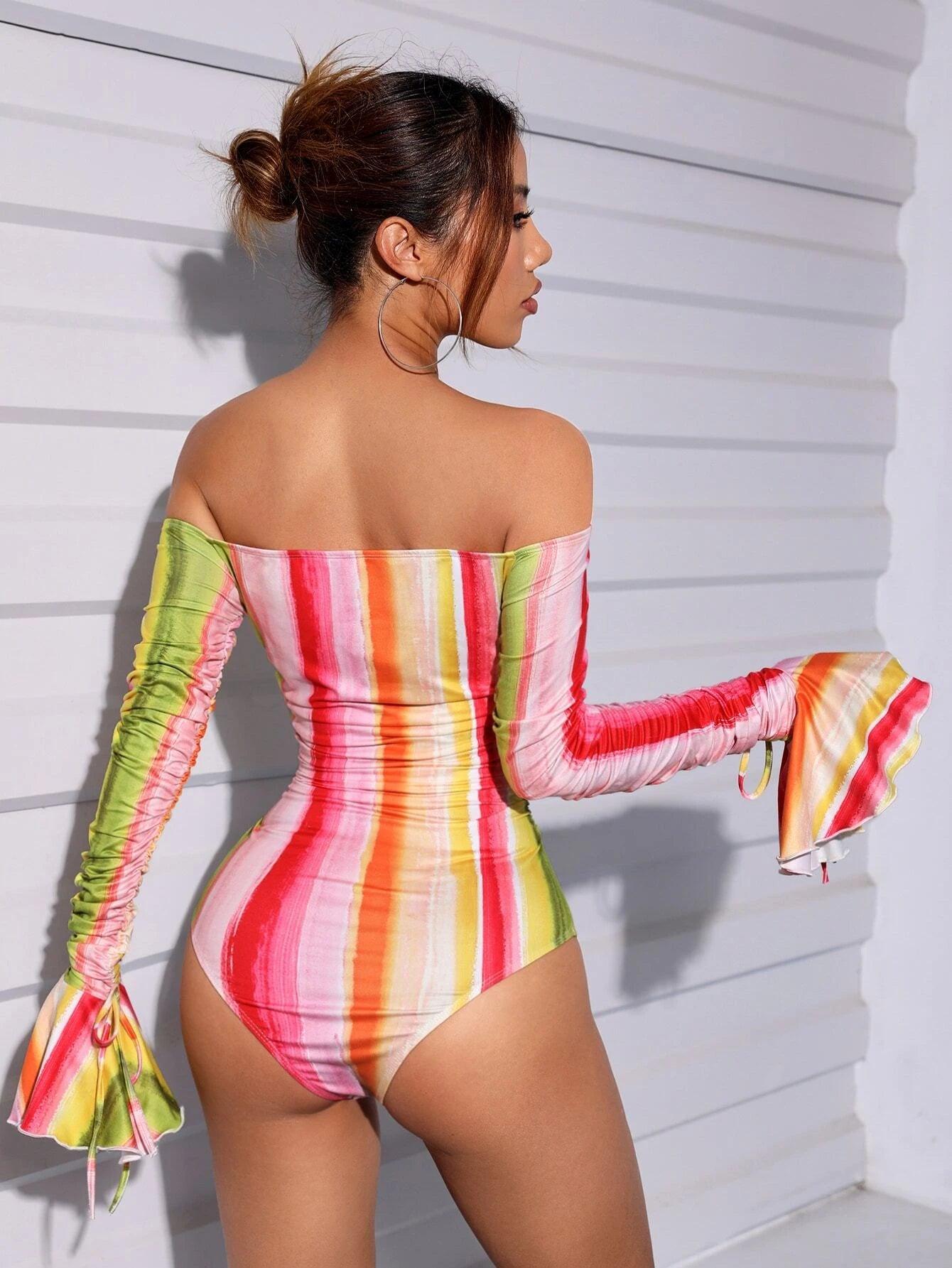 Striped Off Shoulder Flounce Sleeve Bodysuit-Comfy Jumpsuits