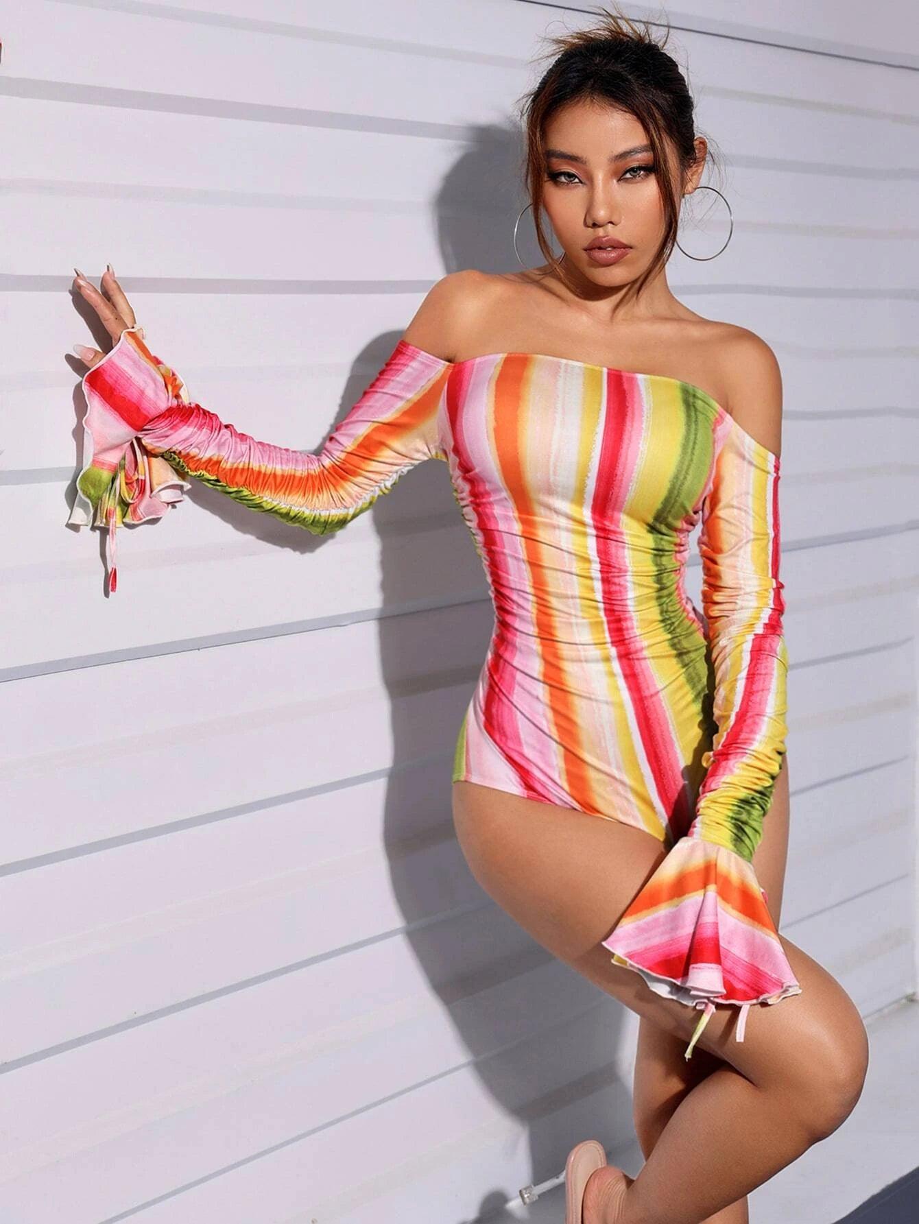 Striped Off Shoulder Flounce Sleeve Bodysuit-Comfy Jumpsuits