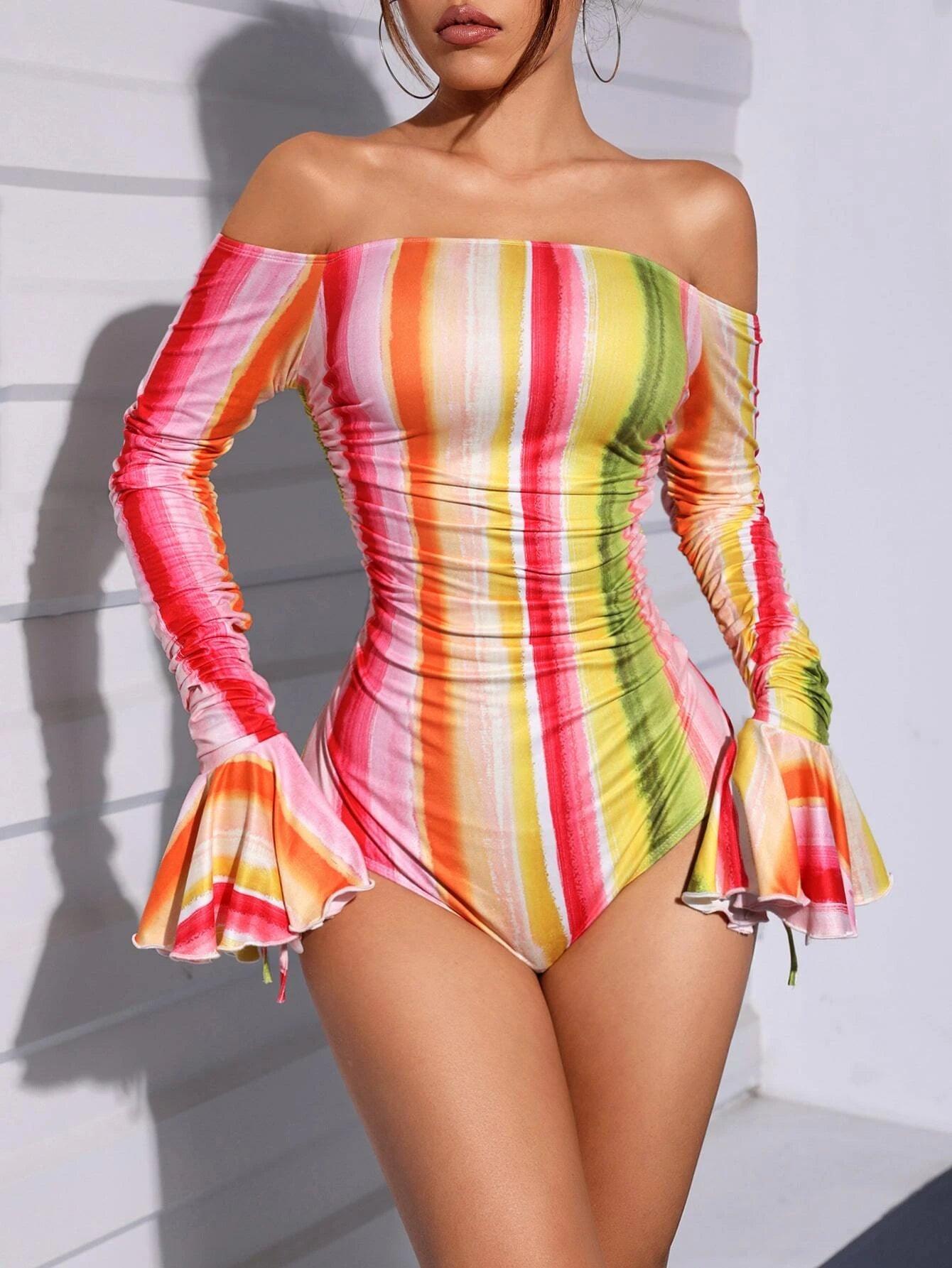 Striped Off Shoulder Flounce Sleeve Bodysuit-Comfy Jumpsuits