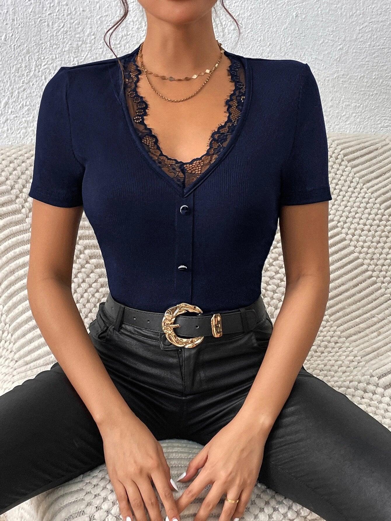 Elegant V Neck Tee Button Front Bodysuit-Comfy Jumpsuits