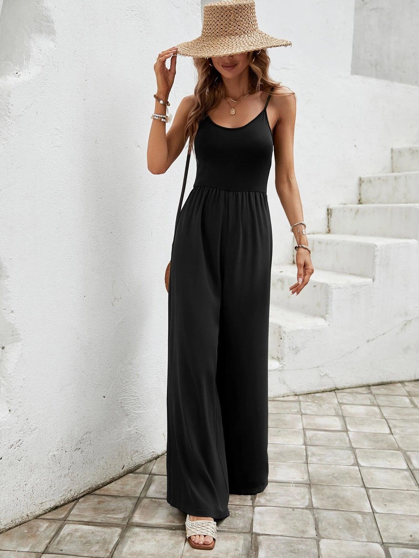 Solid Colored Wide Leg Cami Jumpsuit-Comfy Jumpsuits