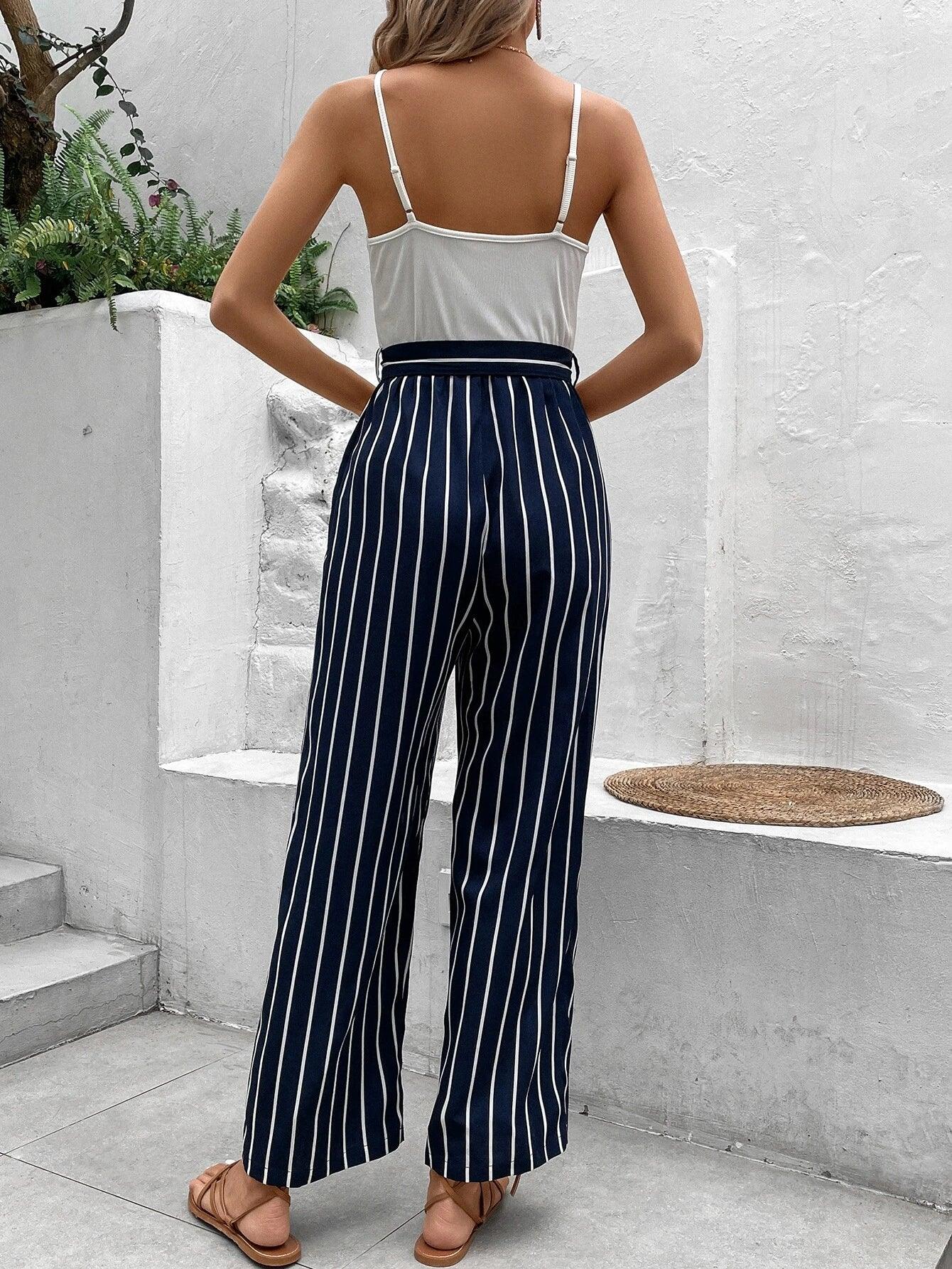 Striped Print Belted Cami Jumpsuit-Comfy Jumpsuits