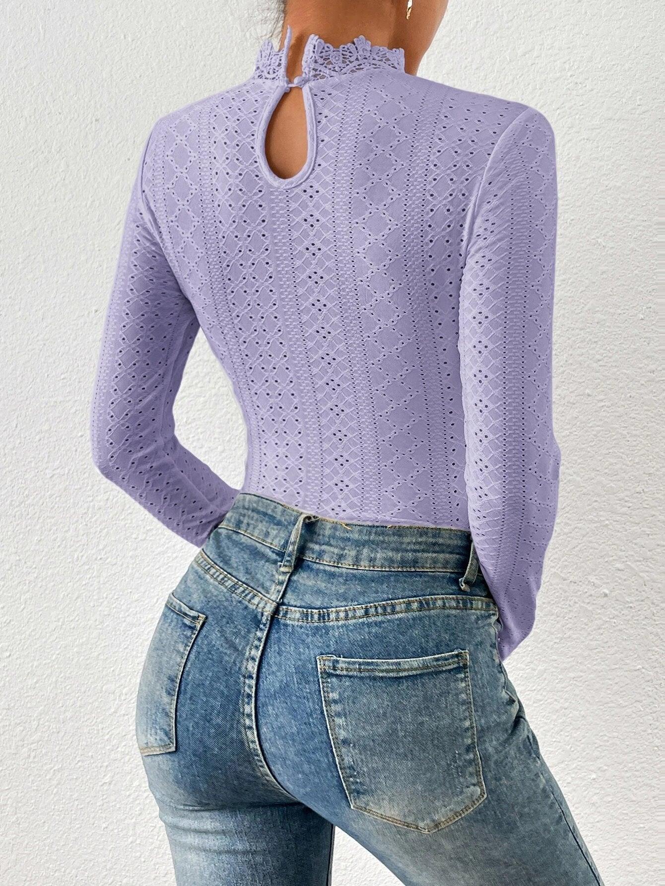 Lace Insert Mock Neck Eyelet Embroidery Bodysuit-Comfy Jumpsuits