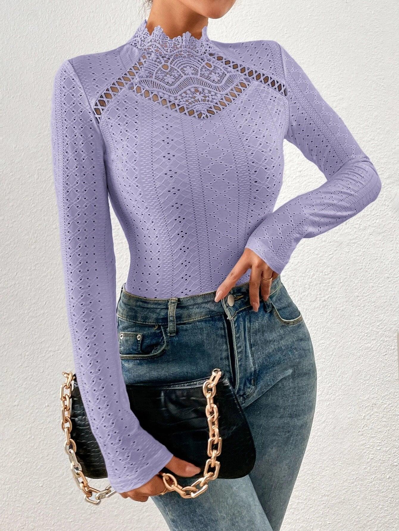 Lace Insert Mock Neck Eyelet Embroidery Bodysuit-Comfy Jumpsuits