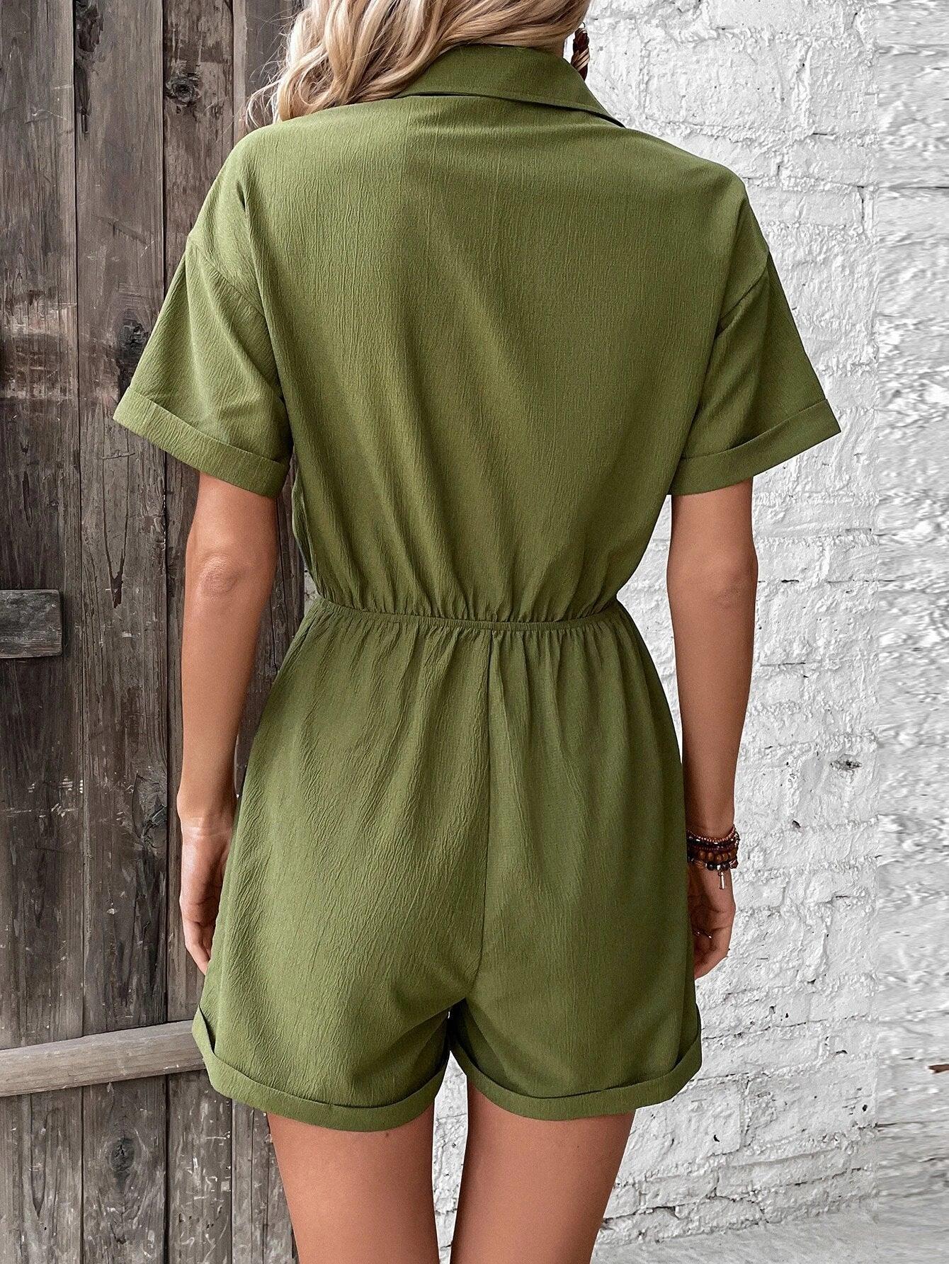 Flap Pocket Drop Shoulder Knot Front Shirt Romper-Comfy Jumpsuits