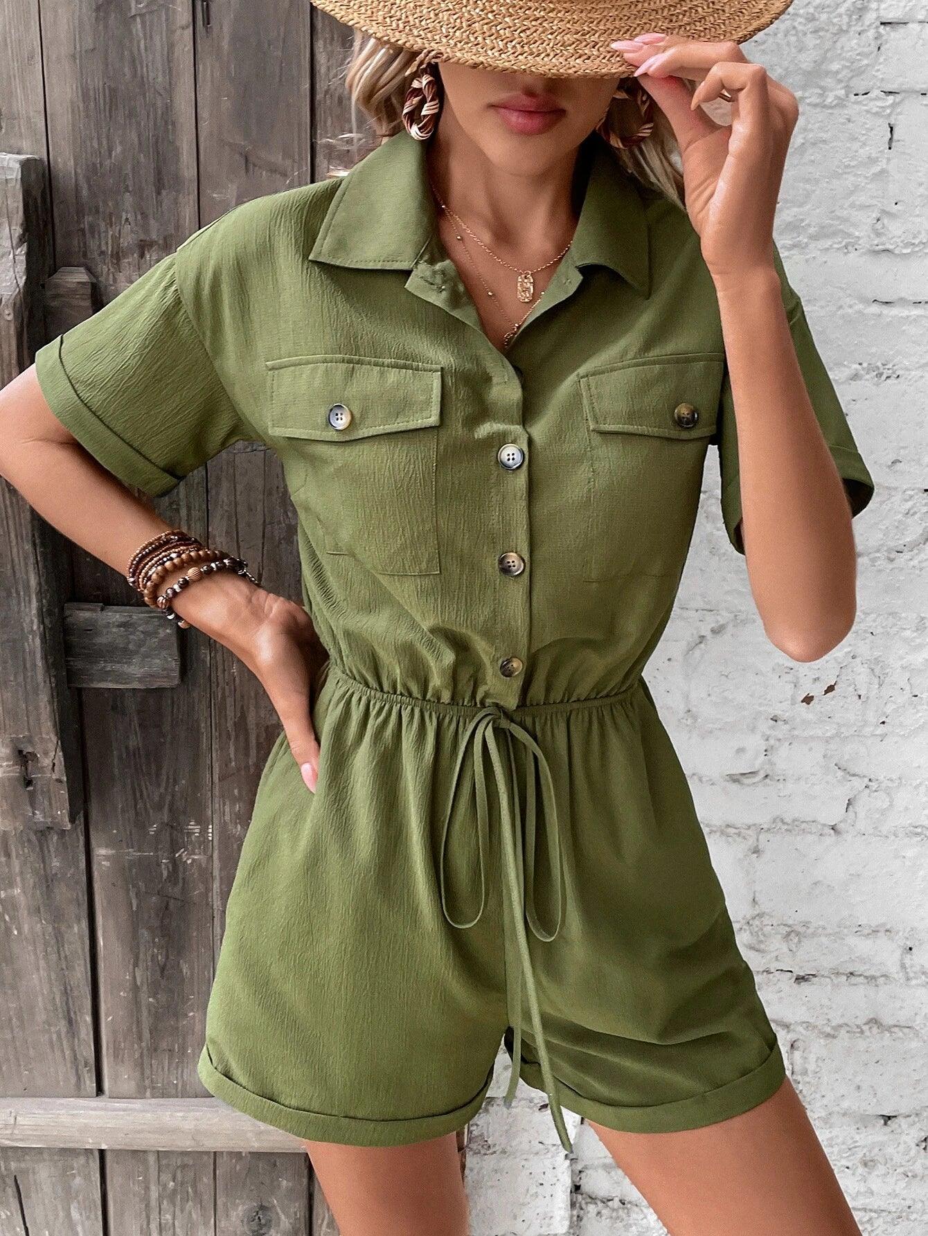 Flap Pocket Drop Shoulder Knot Front Shirt Romper-Comfy Jumpsuits