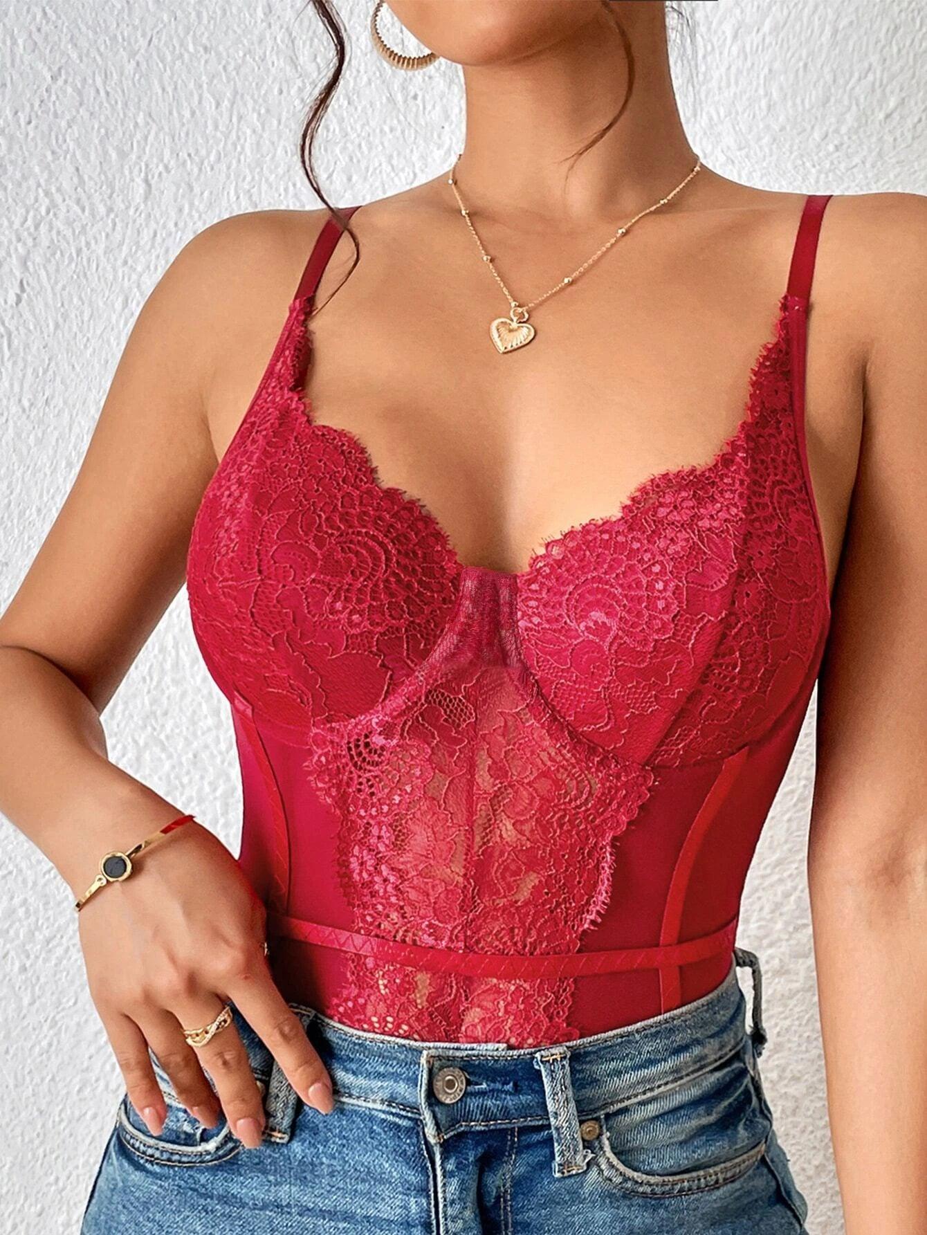 Lace Insert Mesh Bodysuit-Comfy Jumpsuits