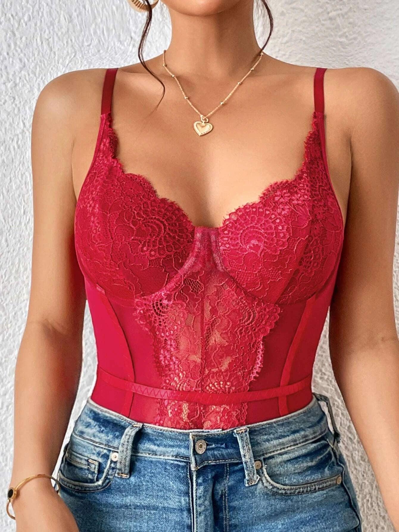 Lace Insert Mesh Bodysuit-Comfy Jumpsuits