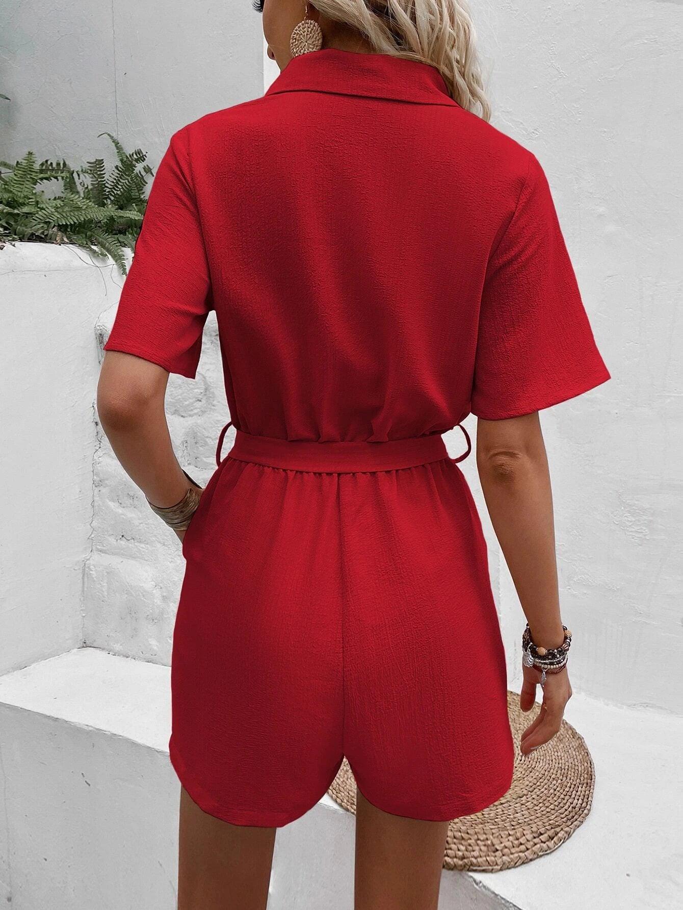 Pocket Belted Shirt Romper-Comfy Jumpsuits