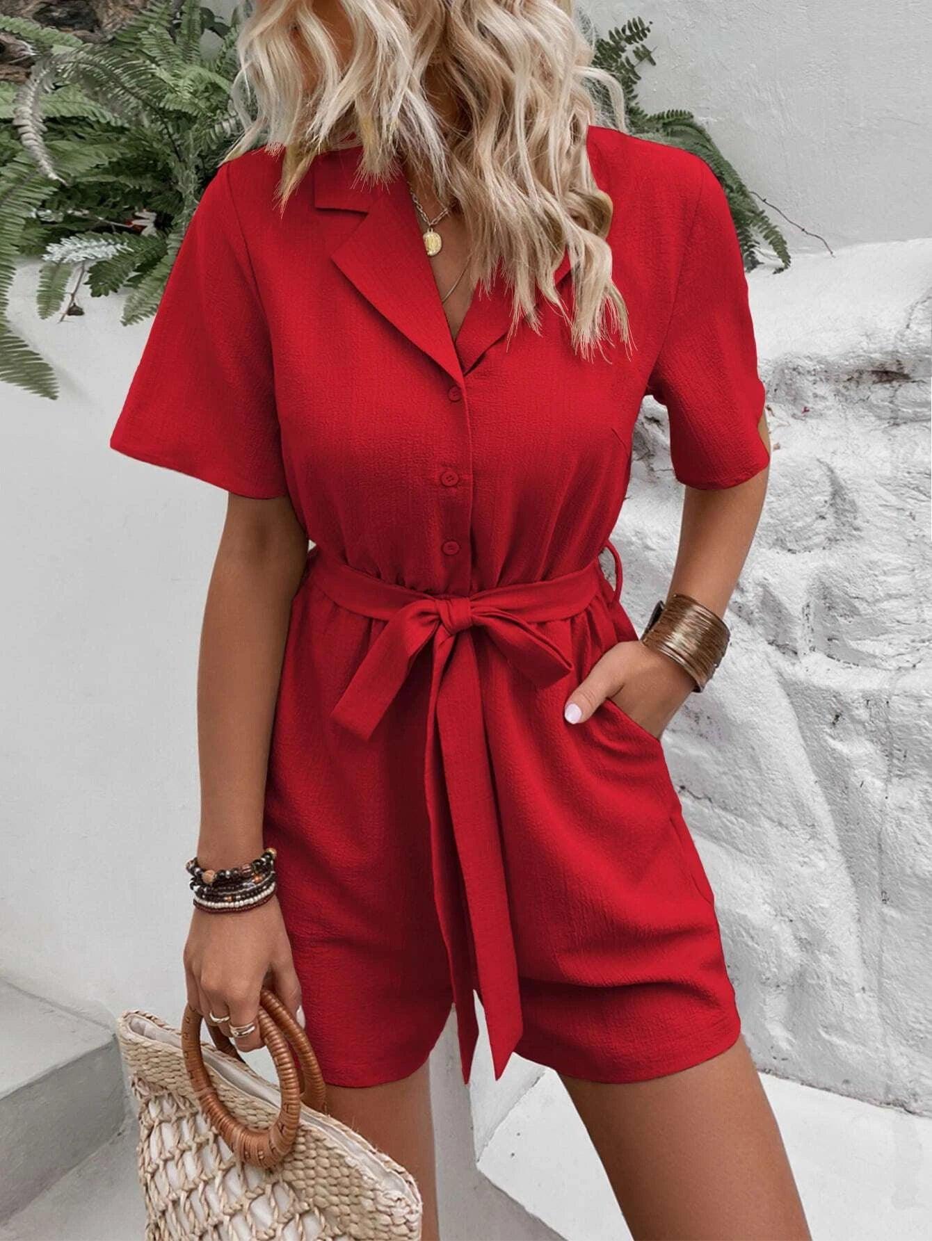 Pocket Belted Shirt Romper-Comfy Jumpsuits