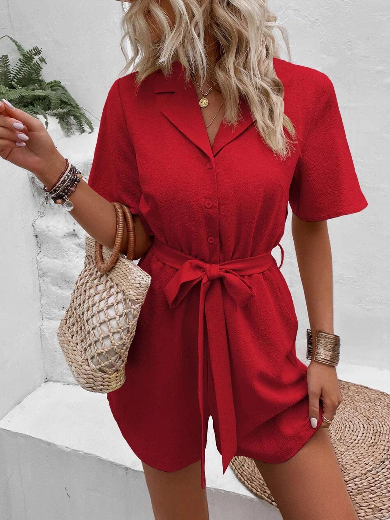 Pocket Belted Shirt Romper-Comfy Jumpsuits