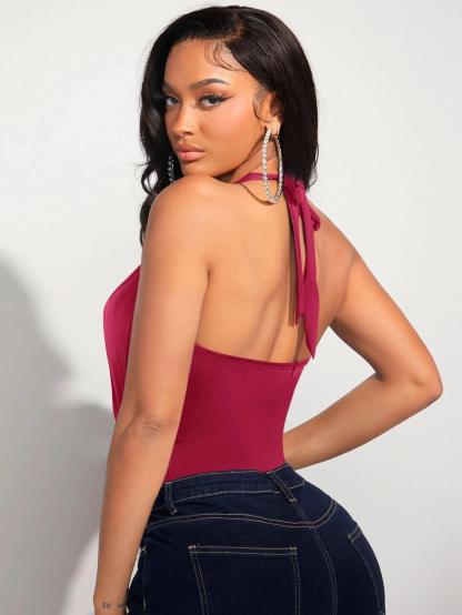 Sleeveless Halter Bodysuit-Comfy Jumpsuits