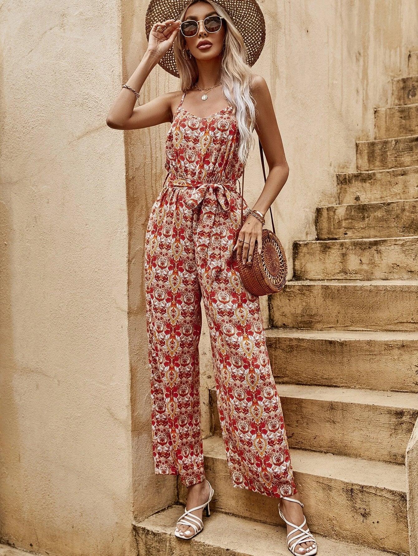 Floral Printed Cami Jumpsuit-Comfy Jumpsuits