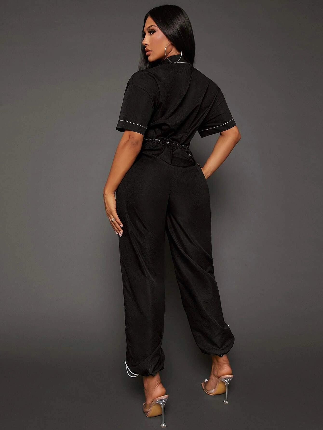 Letter Graphic Contrast Piping Drawstring Waist Jumpsuit-Comfy Jumpsuits