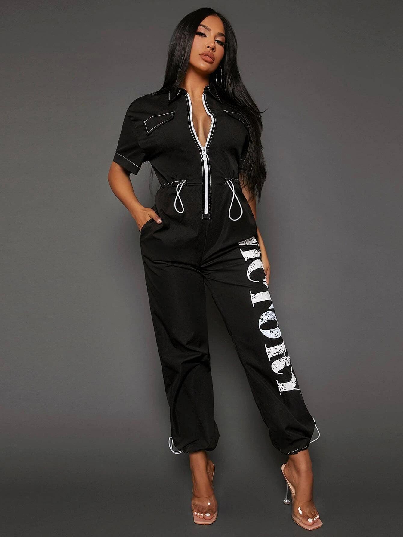Letter Graphic Contrast Piping Drawstring Waist Jumpsuit-Comfy Jumpsuits