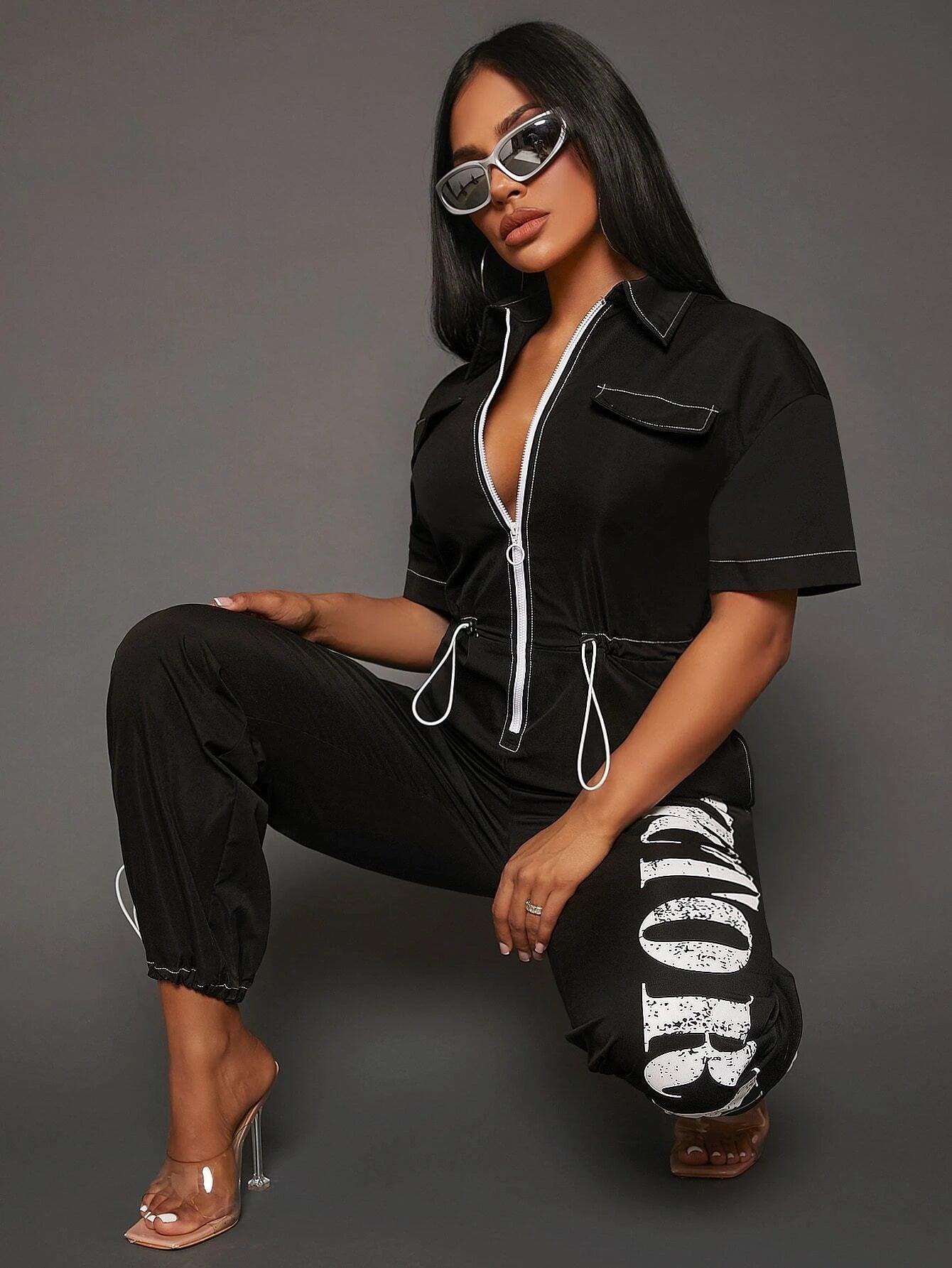 Letter Graphic Contrast Piping Drawstring Waist Jumpsuit-Comfy Jumpsuits