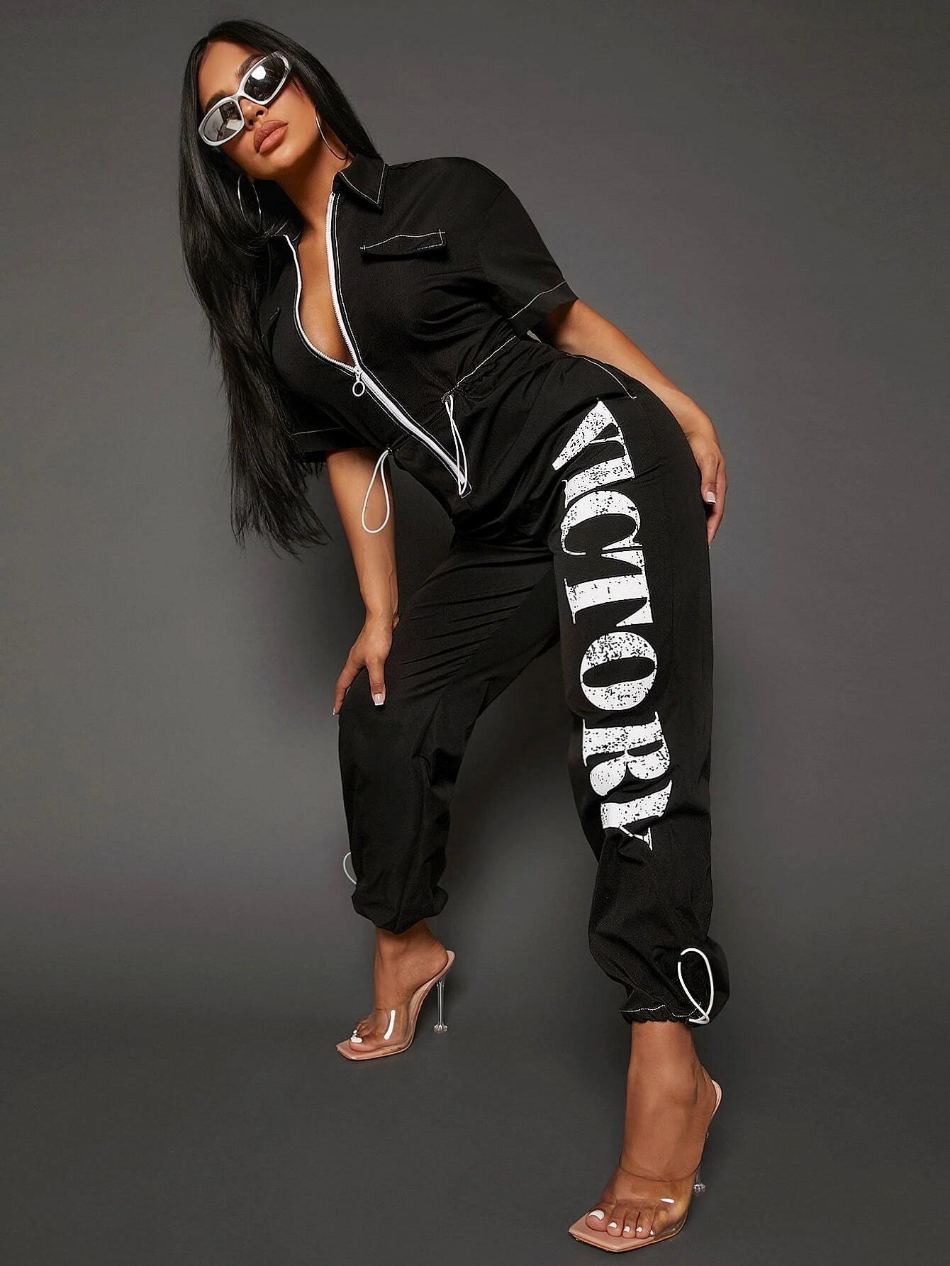 Letter Graphic Contrast Piping Drawstring Waist Jumpsuit-Comfy Jumpsuits