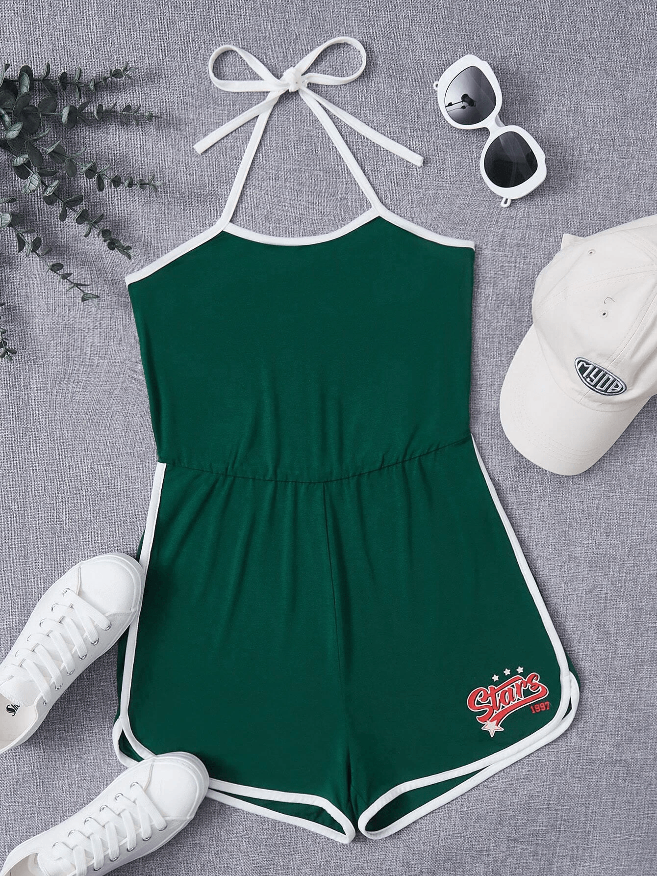 Letter And Graphic Contrast Binding Backless Halter Romper-Comfy Jumpsuits