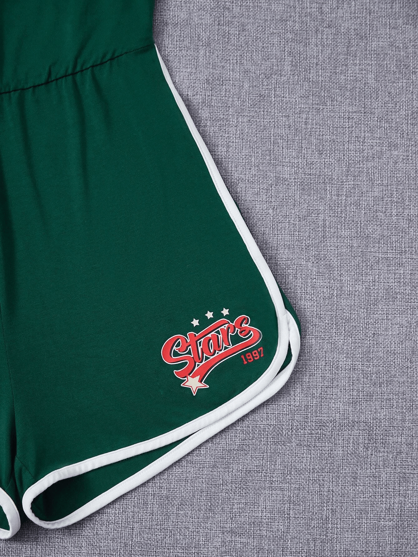 Letter And Graphic Contrast Binding Backless Halter Romper-Comfy Jumpsuits