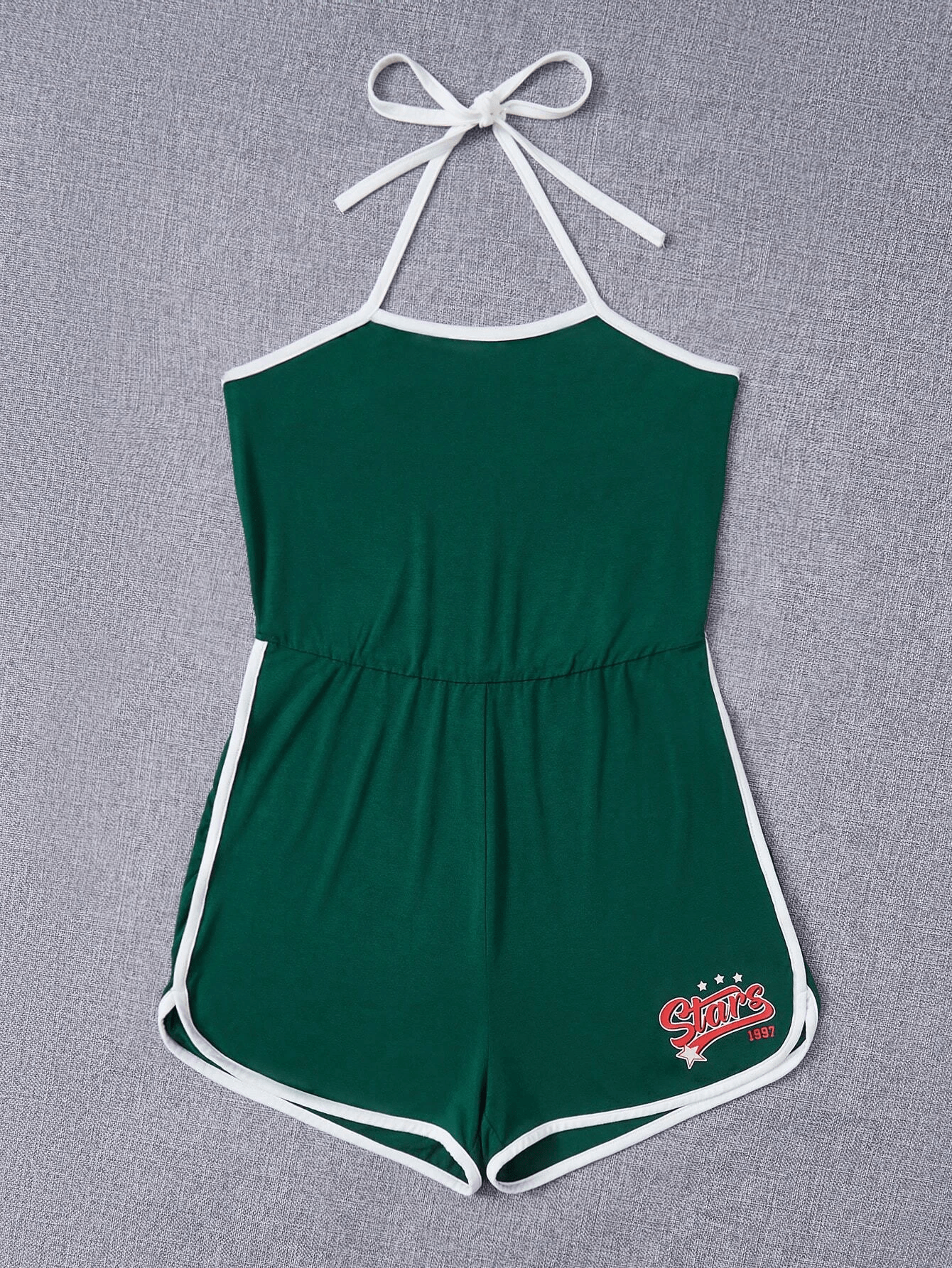 Letter And Graphic Contrast Binding Backless Halter Romper-Comfy Jumpsuits