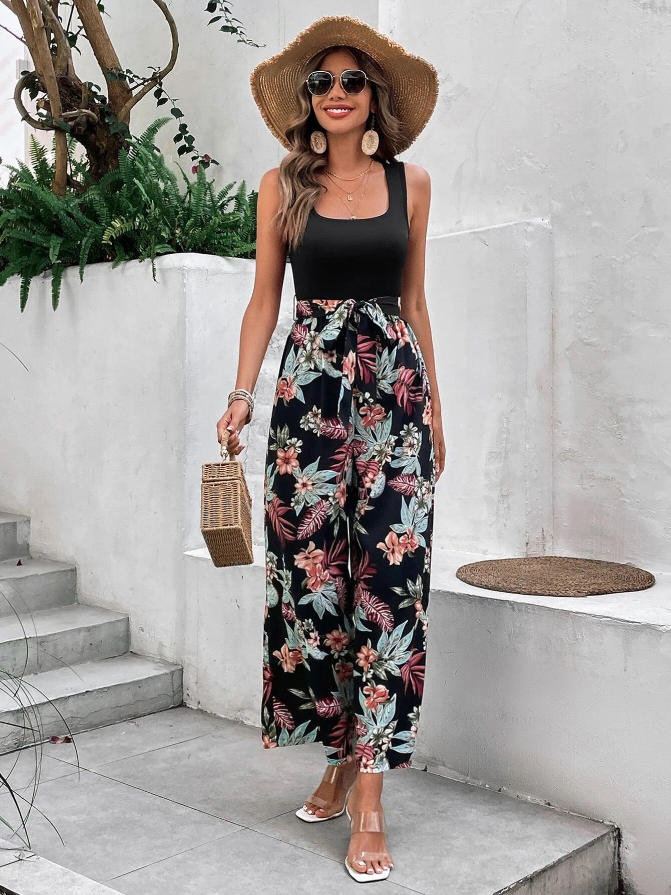 Tropical Print Belted Wide Leg Jumpsuit-Comfy Jumpsuits