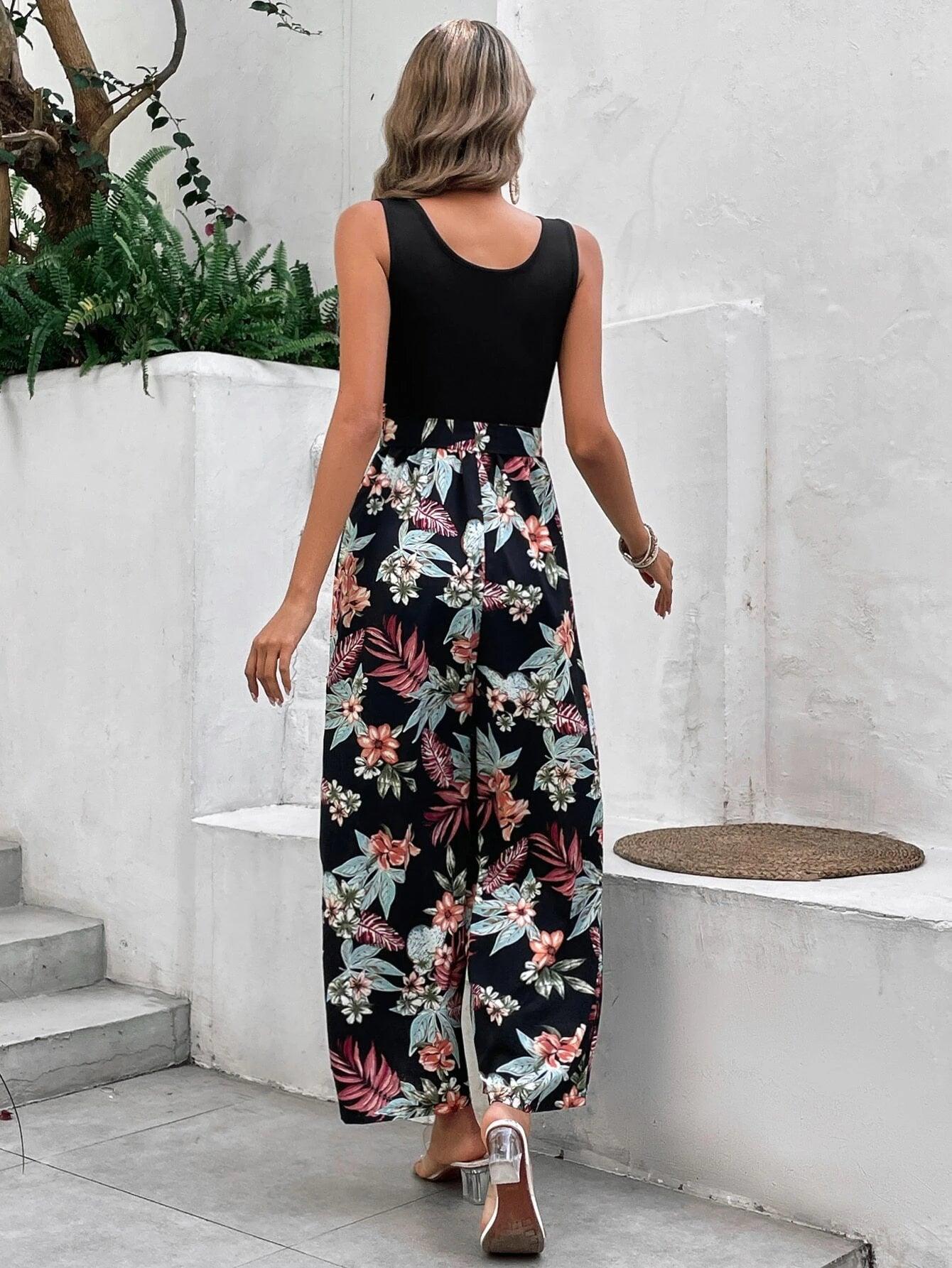 Tropical Print Belted Wide Leg Jumpsuit-Comfy Jumpsuits