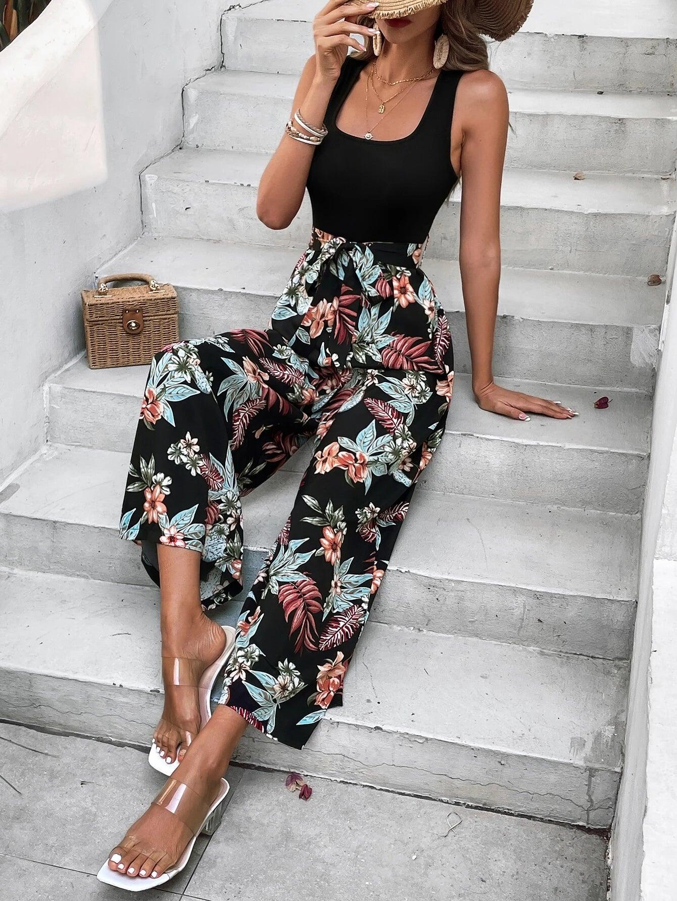 Tropical Print Belted Wide Leg Jumpsuit-Comfy Jumpsuits