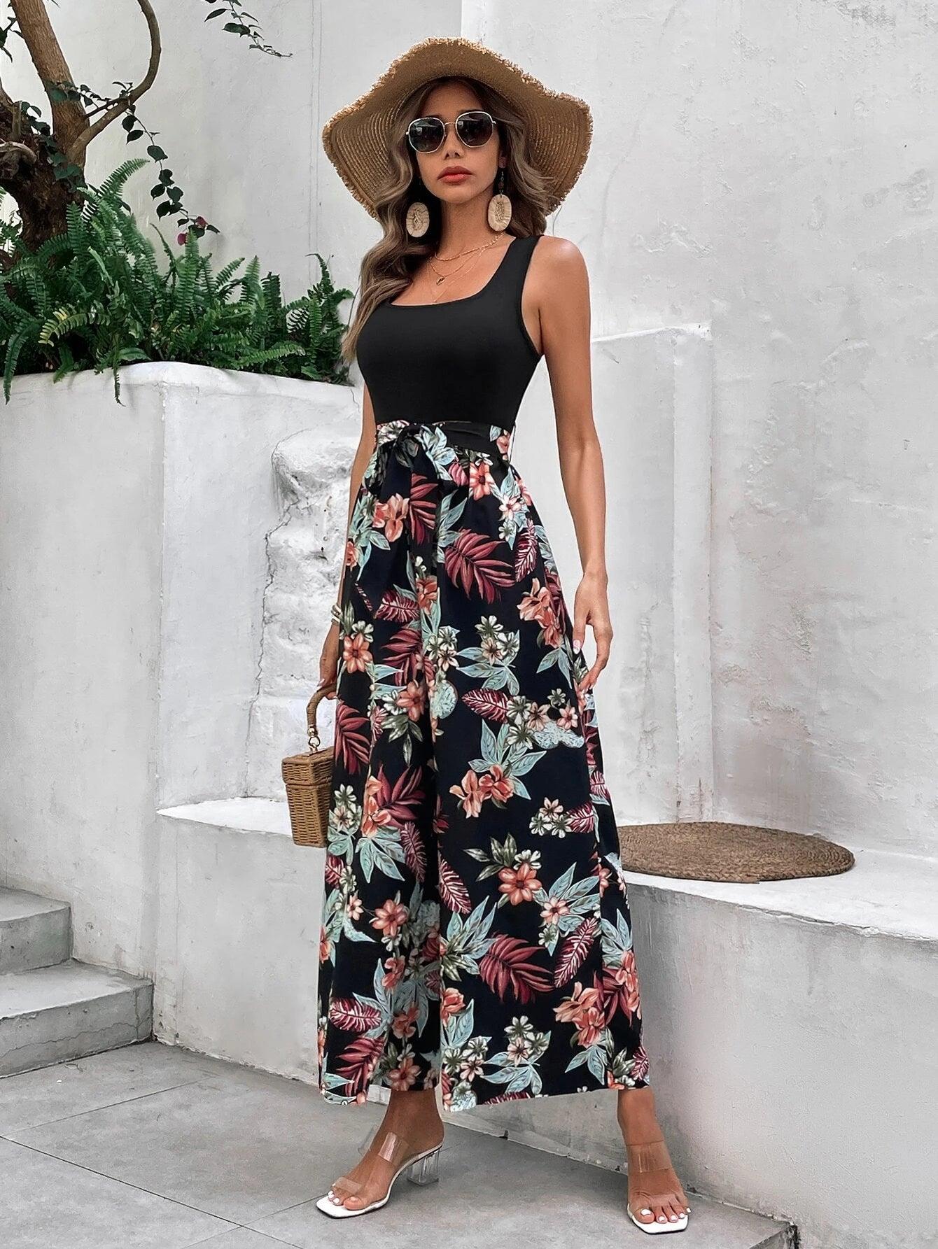 Tropical Print Belted Wide Leg Jumpsuit-Comfy Jumpsuits