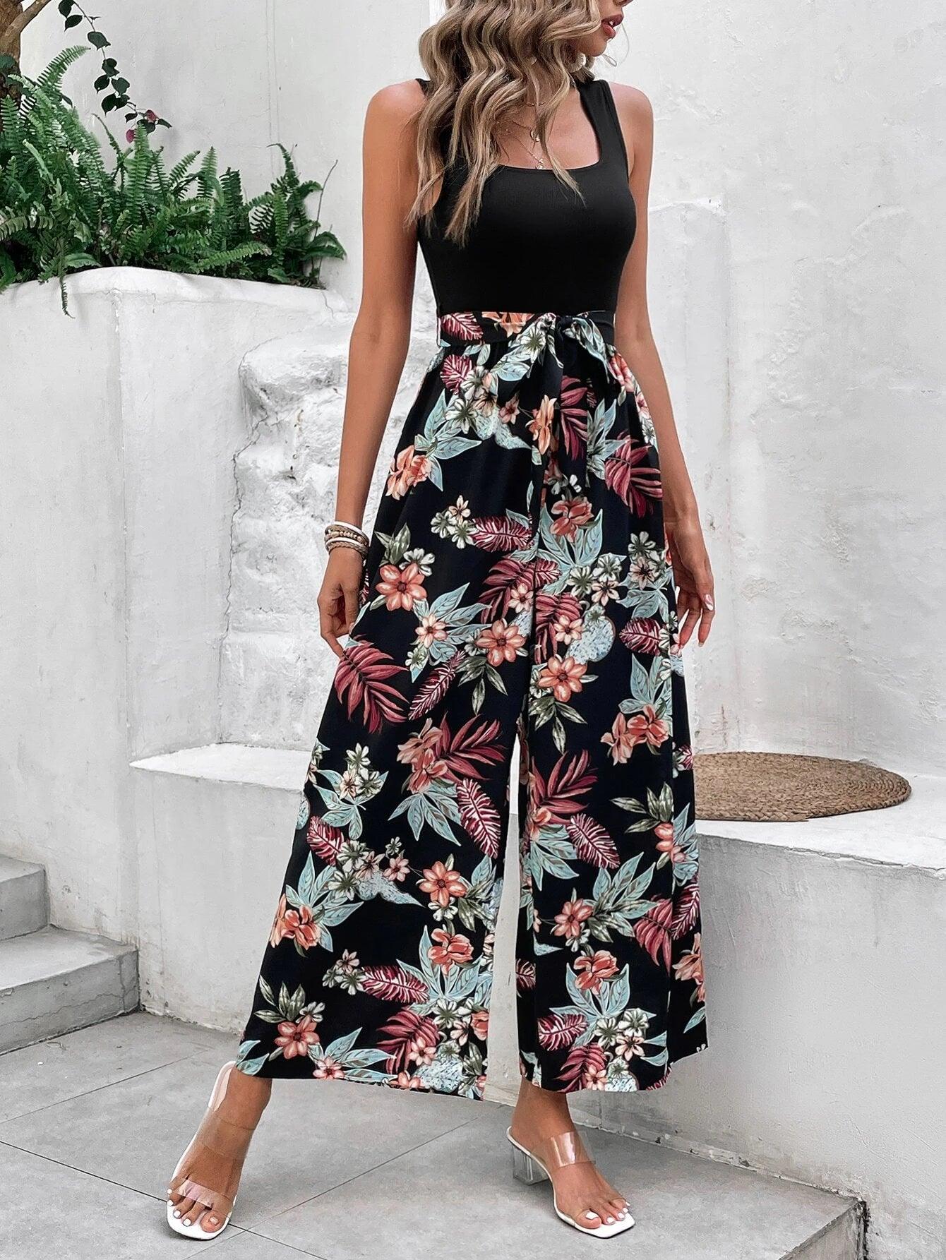 Tropical Print Belted Wide Leg Jumpsuit-Comfy Jumpsuits