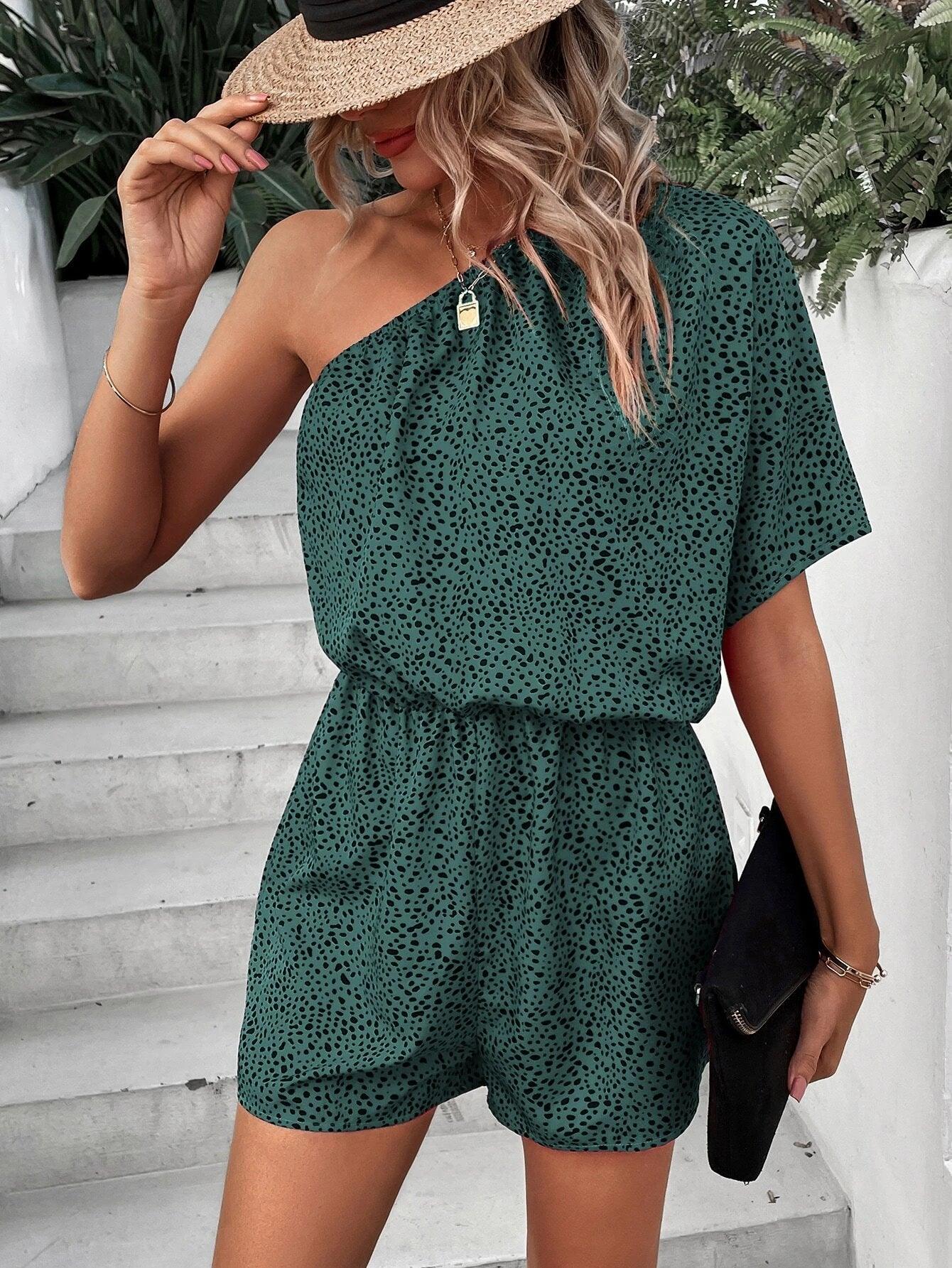 Printed One Shoulder Batwing Sleeve Romper-Comfy Jumpsuits