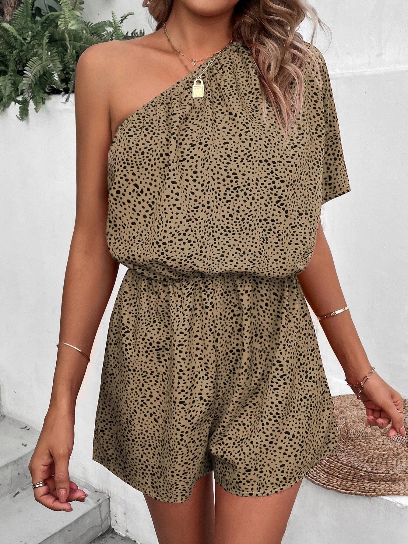 Printed One Shoulder Batwing Sleeve Romper-Comfy Jumpsuits