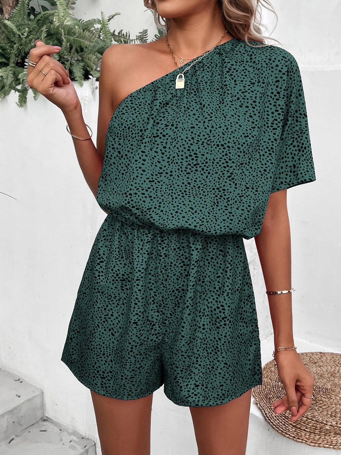 Printed One Shoulder Batwing Sleeve Romper-Comfy Jumpsuits