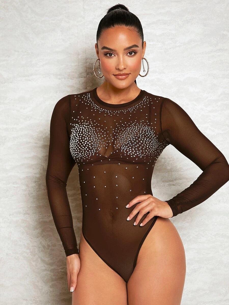 Rhinestone Detail Sheer Mesh Bodysuit-Comfy Jumpsuits