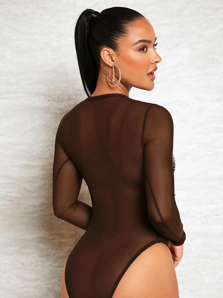 Rhinestone Detail Sheer Mesh Bodysuit-Comfy Jumpsuits