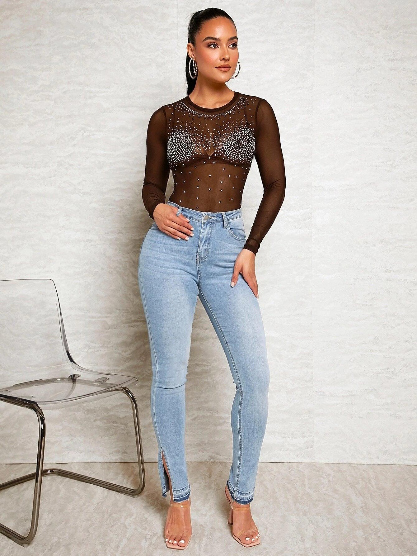 Rhinestone Detail Sheer Mesh Bodysuit-Comfy Jumpsuits