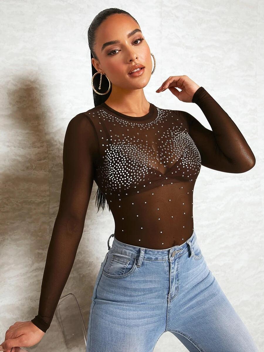 Rhinestone Detail Sheer Mesh Bodysuit-Comfy Jumpsuits