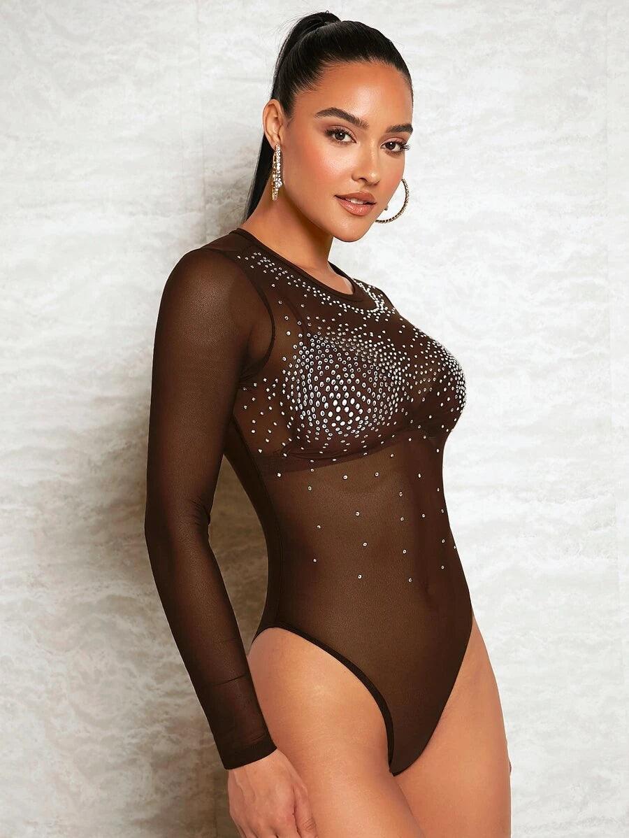 Rhinestone Detail Sheer Mesh Bodysuit-Comfy Jumpsuits