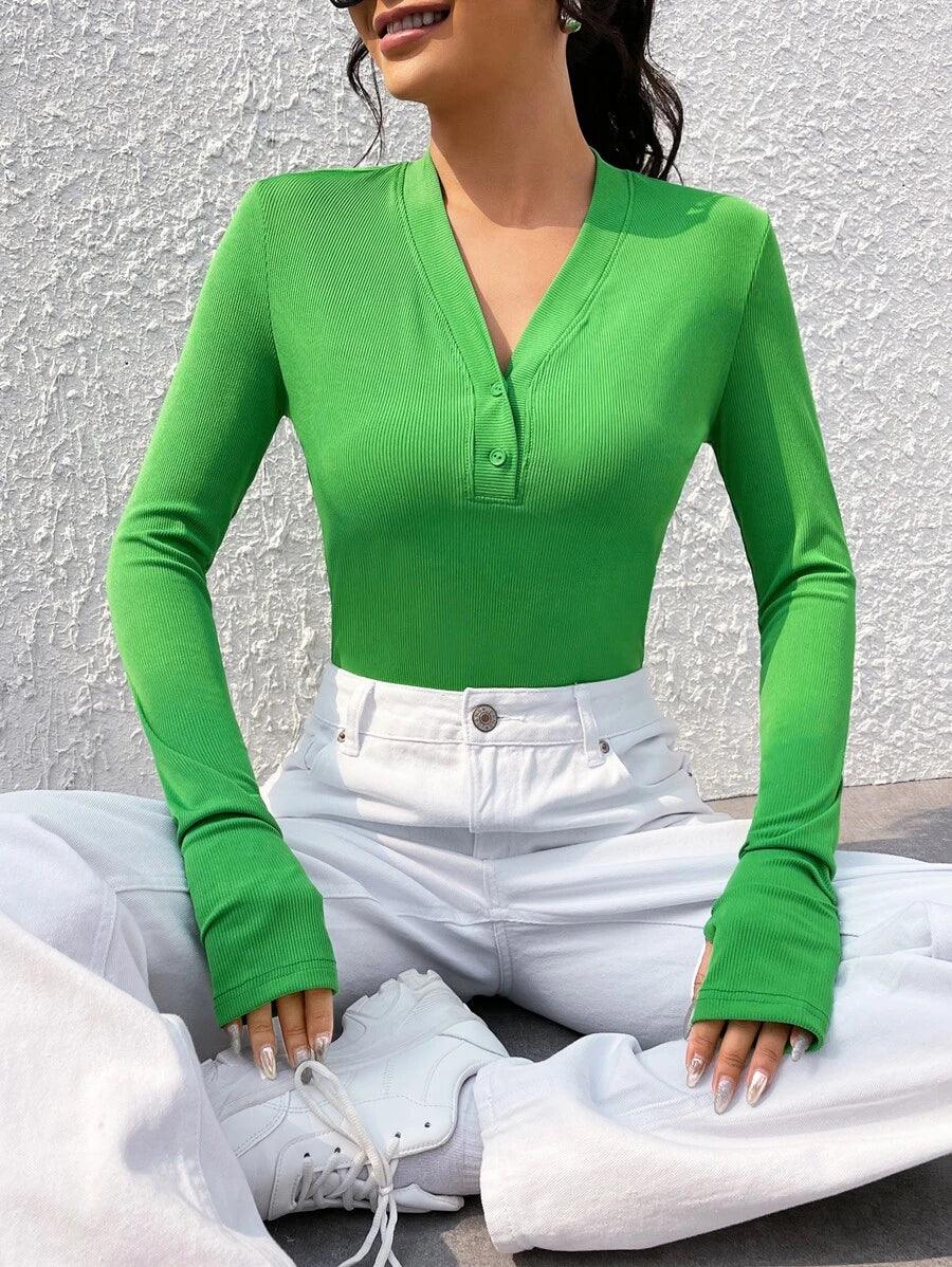 Rib Knit Thumb Holes Tee Bodysuit-Comfy Jumpsuits