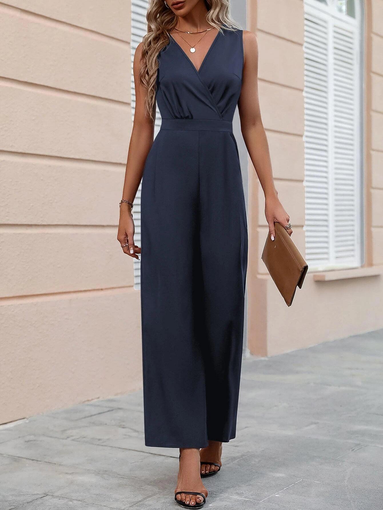 Neck Wide Leg Jumpsuit-Comfy Jumpsuits