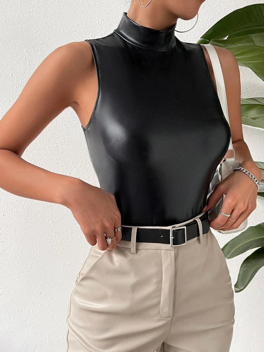 Holographic Mock Neck Tank Bodysuit-Comfy Jumpsuits