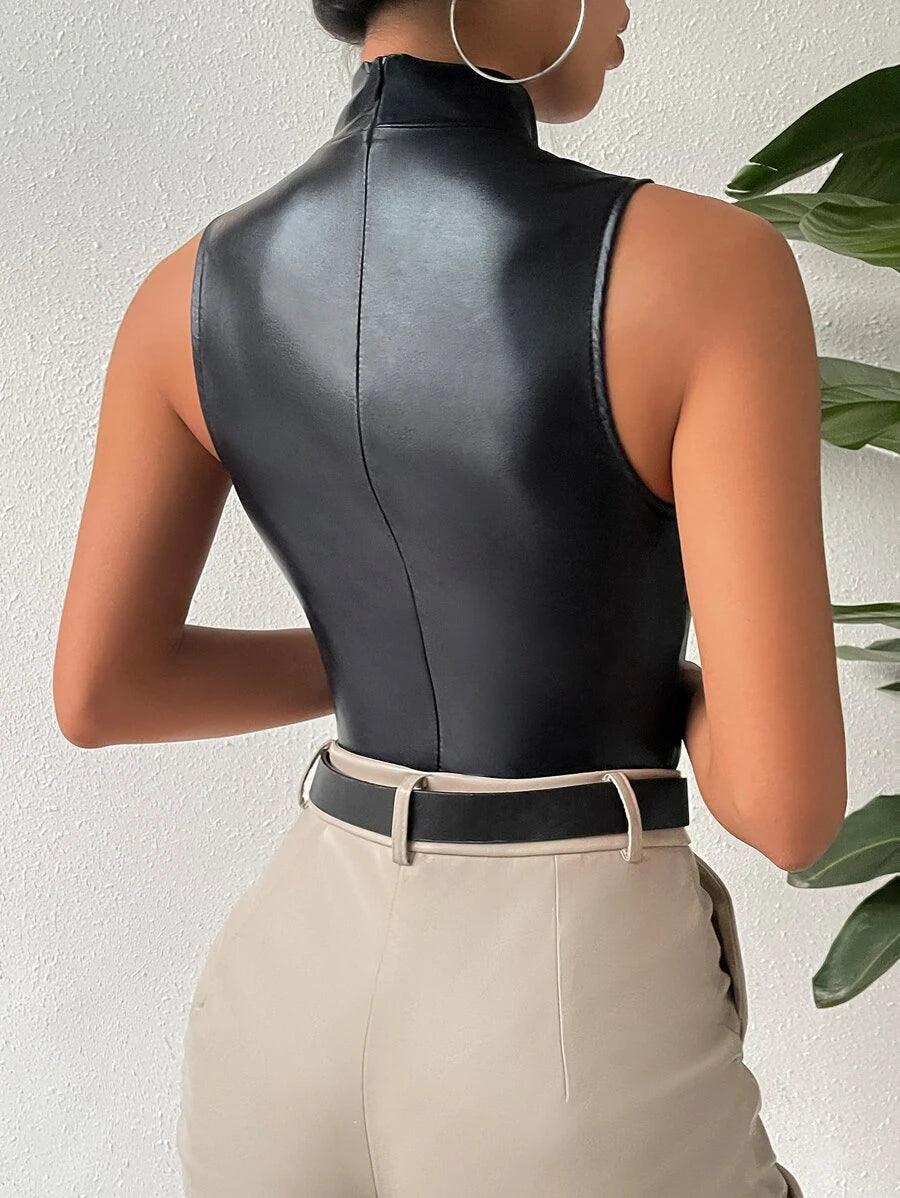 Holographic Mock Neck Tank Bodysuit-Comfy Jumpsuits