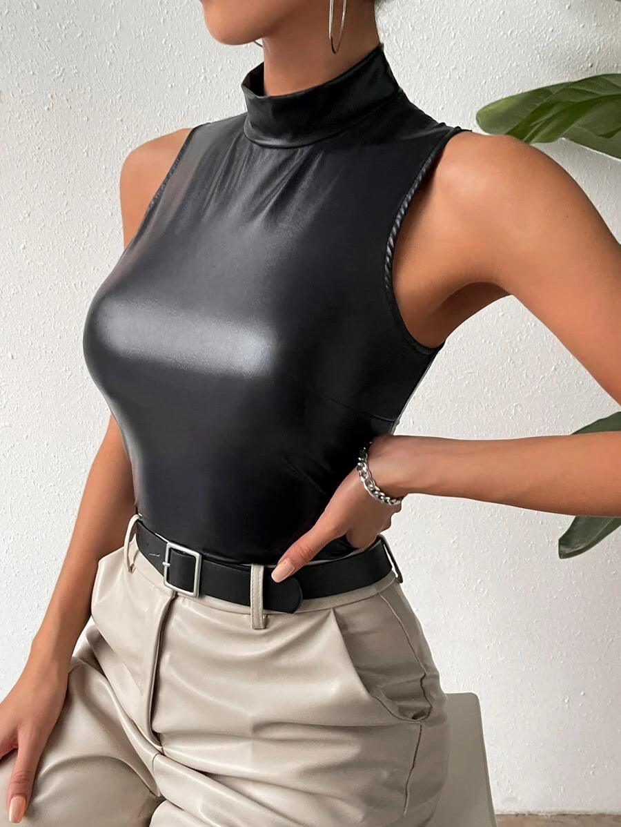 Holographic Mock Neck Tank Bodysuit-Comfy Jumpsuits