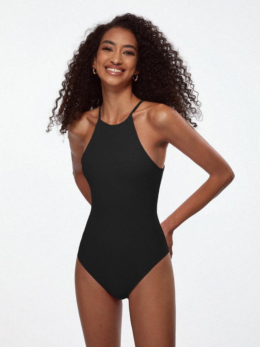 Cotton Halter Neck Ribbed Knit Bodysuit-Comfy Jumpsuits