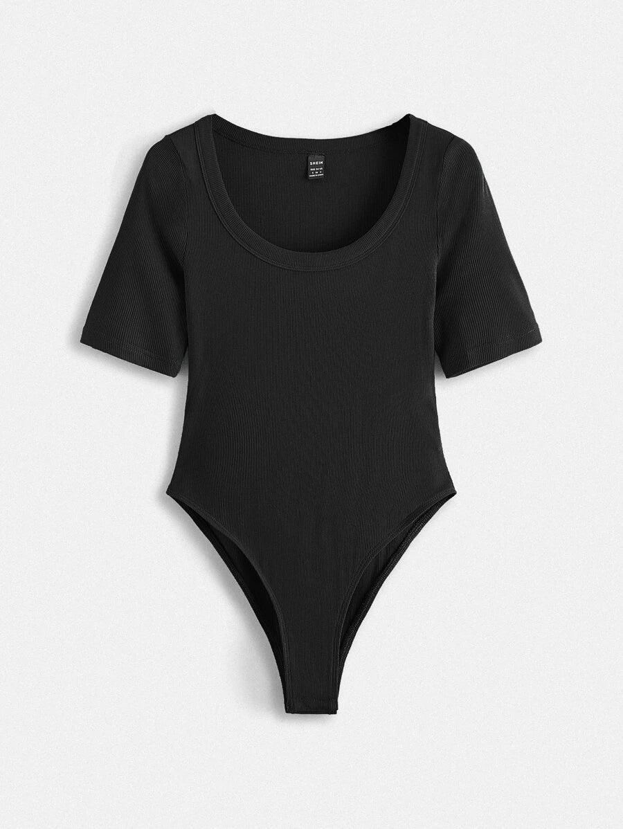 Cotton Solid Scoop Neck Ribbed Knit Bodysuit-Comfy Jumpsuits