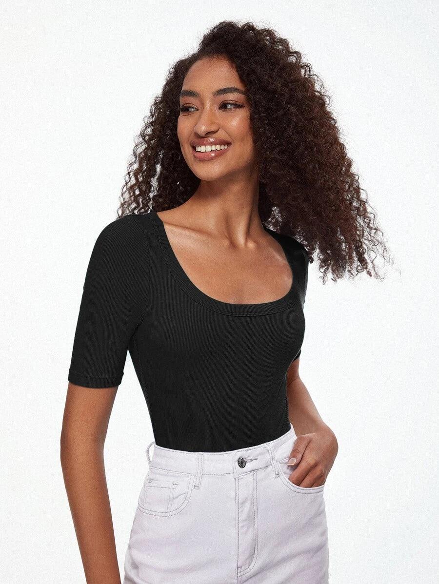 Cotton Solid Scoop Neck Ribbed Knit Bodysuit-Comfy Jumpsuits