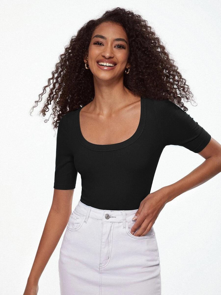 Cotton Solid Scoop Neck Ribbed Knit Bodysuit-Comfy Jumpsuits