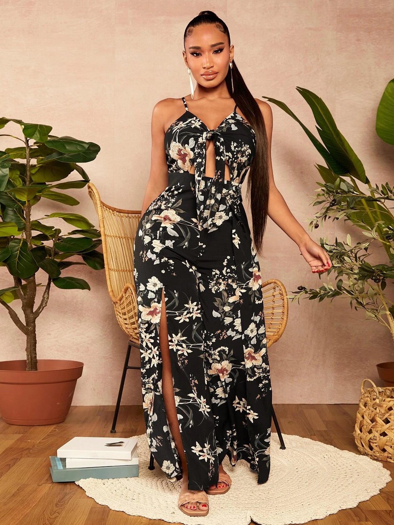 Floral Print Split Bottom Cami Jumpsuit-Comfy Jumpsuits